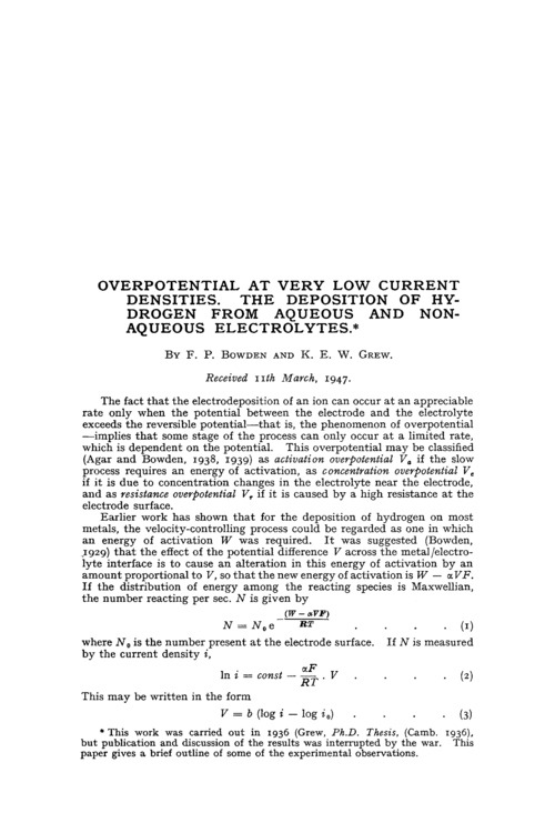 Overpotential at very low current densities. The deposition of hydrogen from aqueous and nonaqueous electrolytes