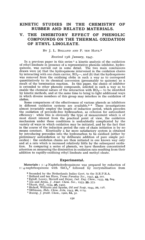 Kinetic studies in the chemistry of rubber and related materials. V. The inhibitory effect of phenolic compounds on the thermal oxidation of ethyl linoleate