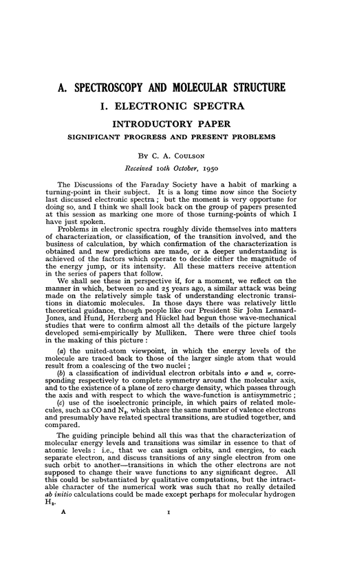 Spectroscopy and molecular structure. Electronic spectra. Introductory paper. Significant progress and present problems