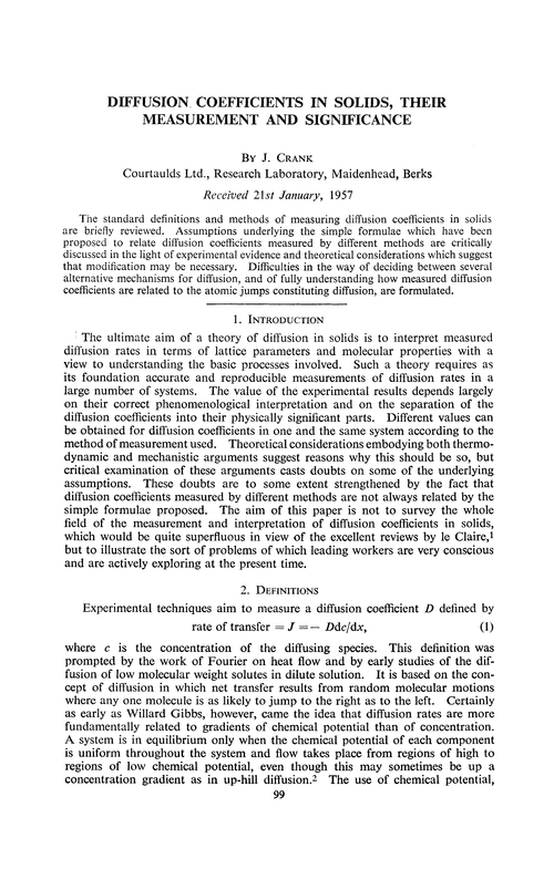 Diffusion coefficients in solids, their measurement and significance