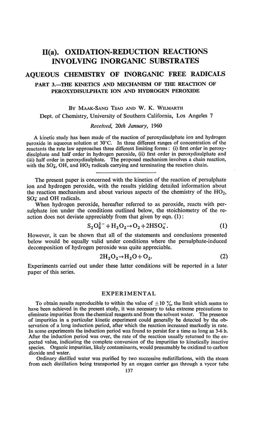 II(a). Oxidation-reduction reactions involving inorganic substrates. Aqueous chemistry of inorganic free radicals. Part 3.—The kinetics and mechanism of the reaction of peroxydisulphate ion and hydrogen peroxide