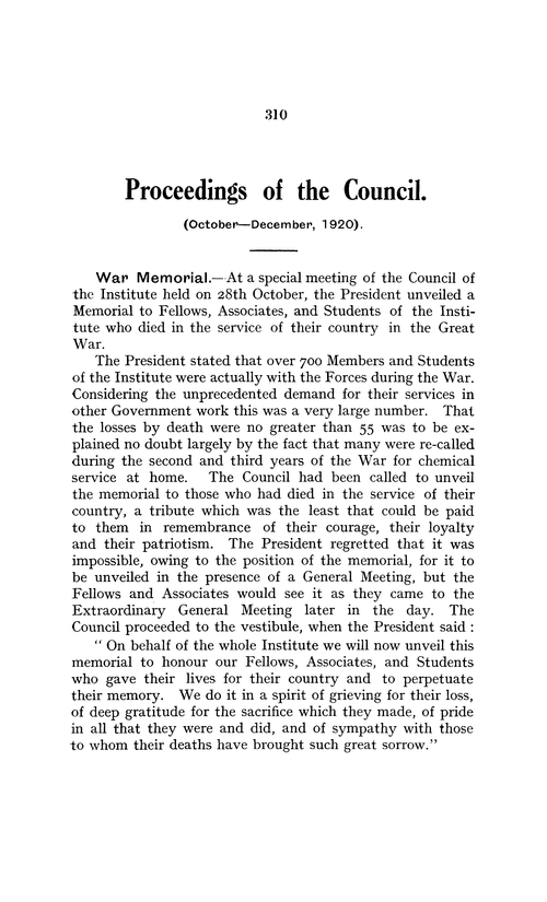 The Institute of Chemistry of Great Britain and Ireland. Proceedings of the Council. (October–December, 1920)