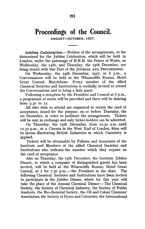 The Institute of Chemistry of Great Britain and Ireland. Journal and Proceedings. Part V. 1927