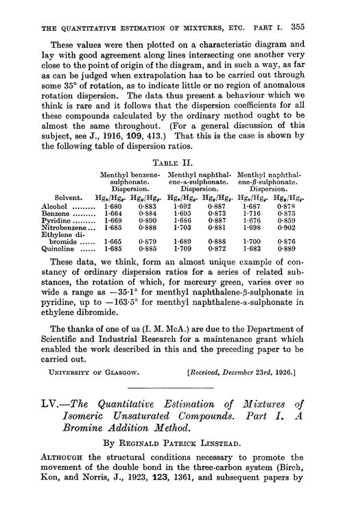 LV.—The quantitative estimation of mixtures of isomeric unsaturated compounds. Part I. A bromine addition method