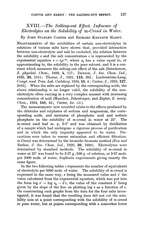 XVIII.—The salting-out effect. Influence of electrolytes on the solubility of m-cresol in water