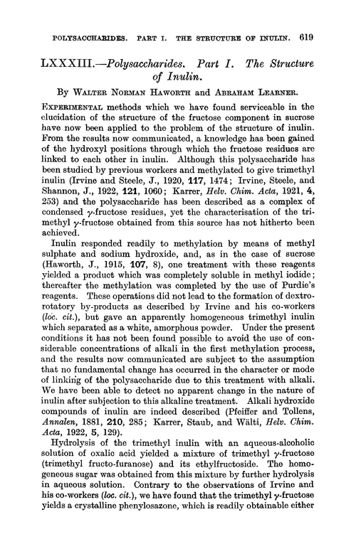 LXXXIII.—Polysaccharides. Part I. The structure of inulin