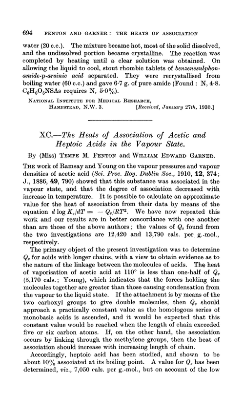 XC.—The heats of association of acetic and heptoic acids in the vapour state