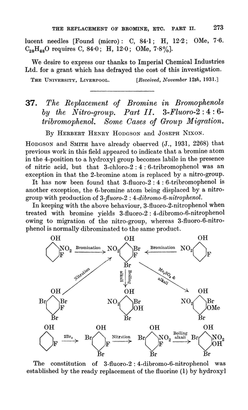 37. The replacement of bromine in bromophenols by the nitro-group. Part II. 3-Fluro-2 : 4 : 6-tribromophenol. Some cases of group migration