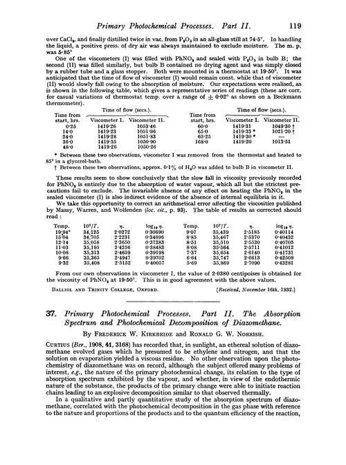 37. Primary photochemical processes. Part II. The absorption spectrum and photochemical decomposition of diazomethane