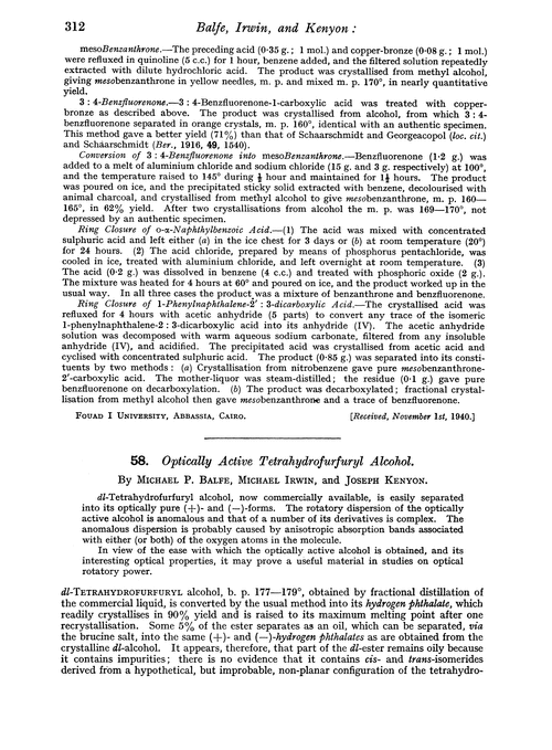 58. Optically active tetrahydrofurfuryl alcohol