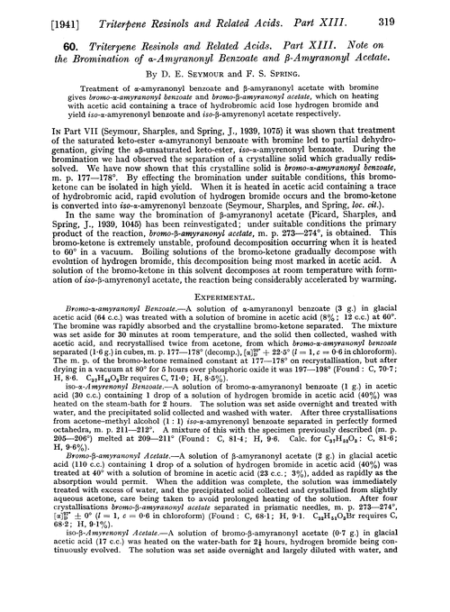 60. Triterpene resinols and related acids. Part XIII. Note on the bromination of α-amyranonyl benzoate and β-amyranonyl acetate