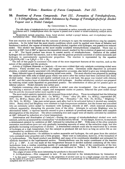 16. Reactions of furan compounds. Part III. Formation of tetrahydrofuran, 2 : 3-dihydrofuran, and other substances by passage of tetrahydrofurfuryl alcohol vapour over a nickel catalyst