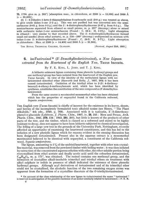 6. isoTaxiresinol (3′-demethylisolariciresinol), a new lignan extracted from the heartwood of the English yew, Taxus baccata