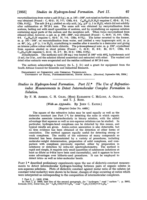 Studies in hydrogen-bond formation. Part II. The use of refractive-index measurements to detect intermolecular complex formation in solution