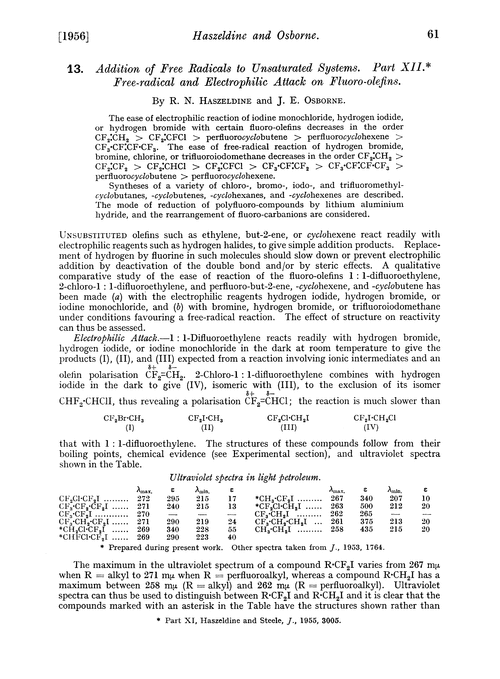 13. Addition of free radicals to unsaturated systems. Part XII. Free-radical and electrophilic attack on fluoro-olefins