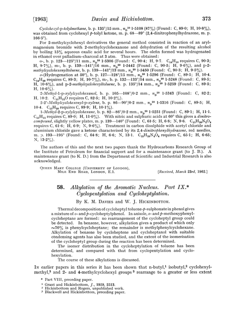 58. Alkylation of the aromatic nucleus. Part IX. Cyclopentylation and cycloheptylation