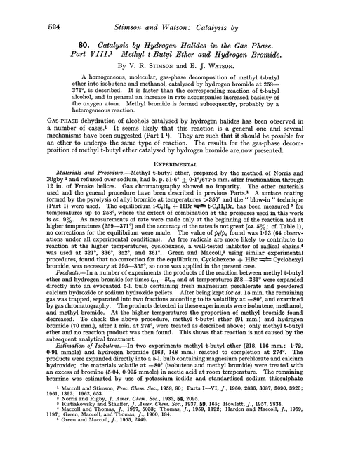 80. Catalysis by hydrogen halides in the gas phase. Part VIII. Methyl t-butyl ether and hydrogen bromide