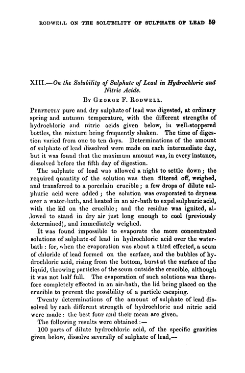 XIII.—On the solubility of sulphate of lead in hydrochloric and nitric acids