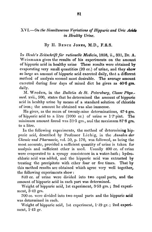 XVI.—On the simultaneous variations of hippuric and uric acids in healthy urine