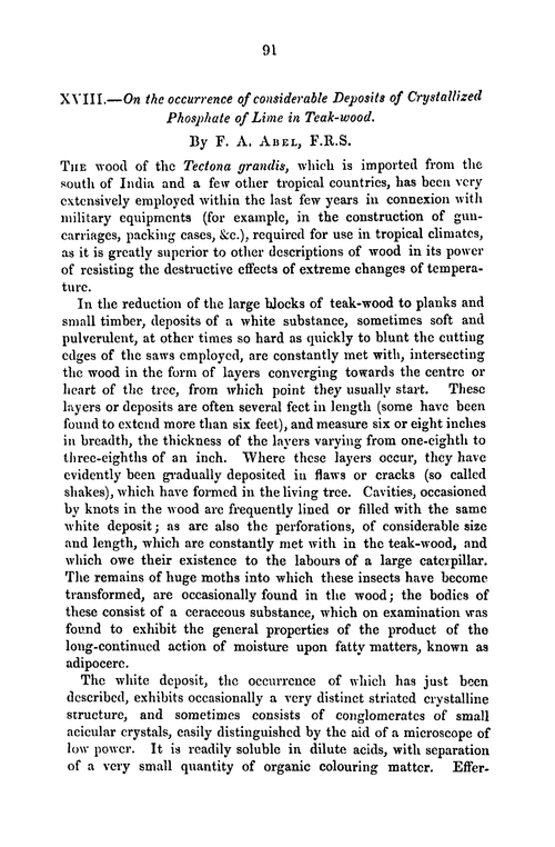 XVIII.—On the occurrence of considerable deposits of crystallized phosphate of lime in teak-wood