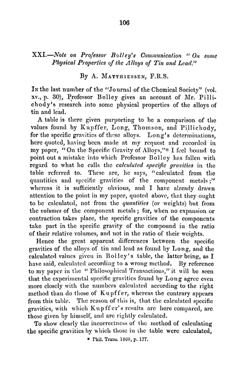 XXI.—Note on professor Bolley's communication “on some physical properties of the alloys of tin and lead”