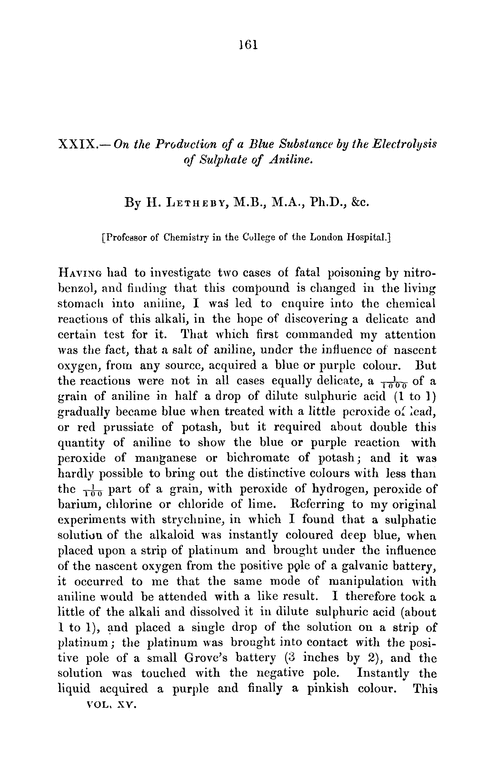 XXIX.—On the production of a blue substance by the electrolysis of sulphate of aniline