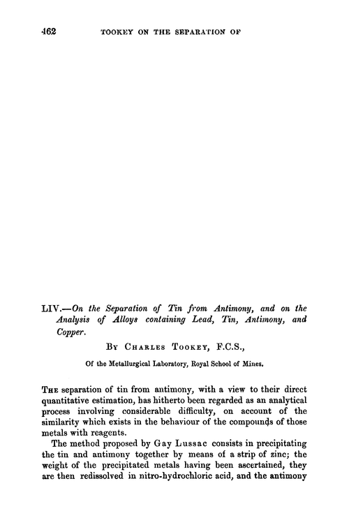 LIV.—On the separation of tin from antimony, and on the analysis of alloys containing lead, tin, antimony, and copper