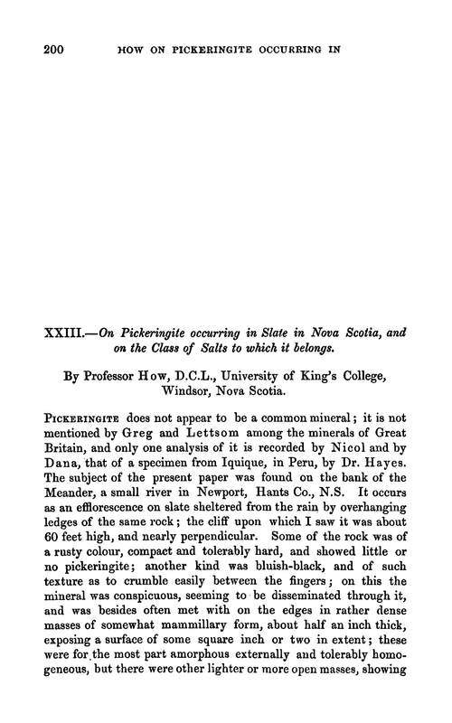 XXIII.—On pickeringite occurring in slate in Nova Scotia, and on the class of salts to which it belongs