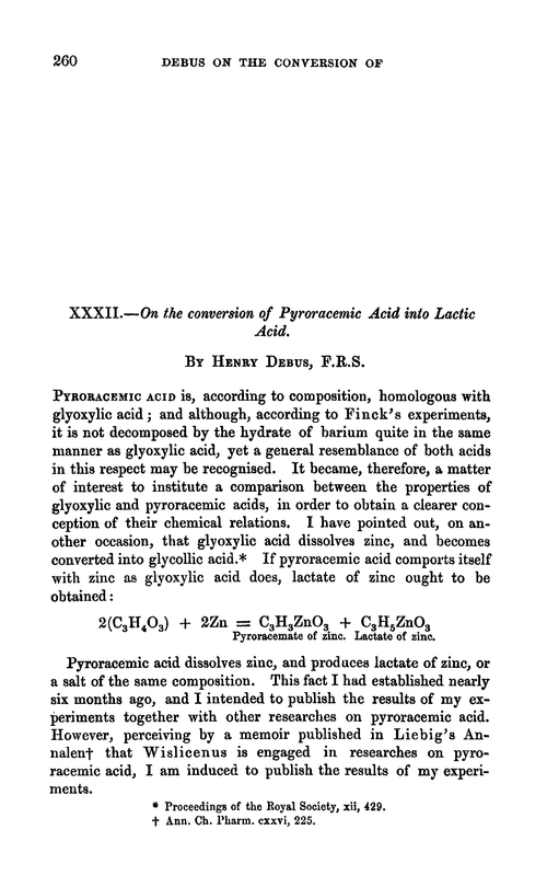 XXXII.—On the conversion of pyroracemic acid into lactic acid