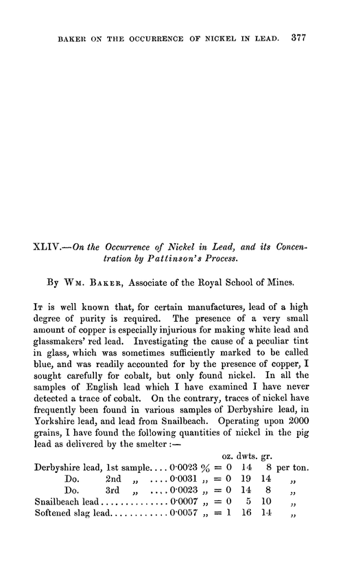 XLIV.—On the occurrence of nickel in lead, and its concentration by Pattinson's process