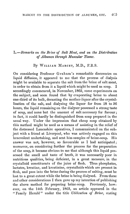 L.—Remarks on the brine of salt meat, and on the distribution of albumen through muscular tissue