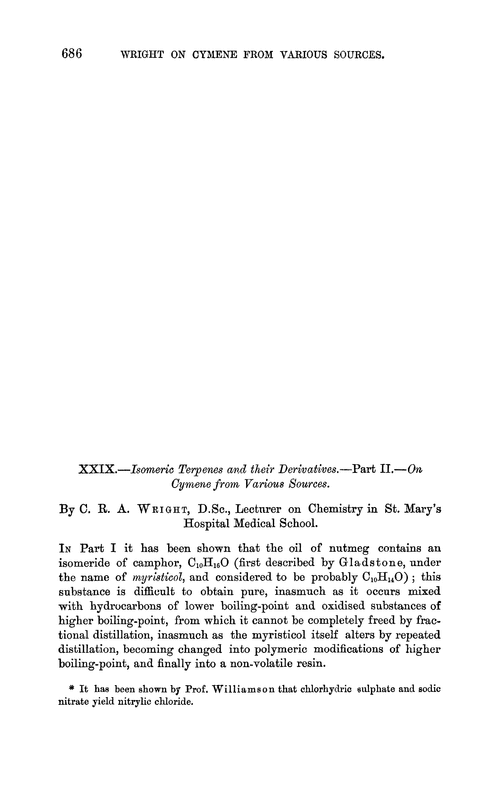 XXIX.—Isomeric terpenes and their derivatives.—Part II.—On cymene from various sources