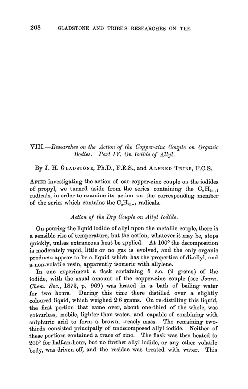 VIII.—Researches on the action of the copper-zinc couple on organic bodies. Part IV. On iodide of allyl