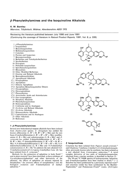 β-Phenylethylamines and the isoquinoline alkaloids