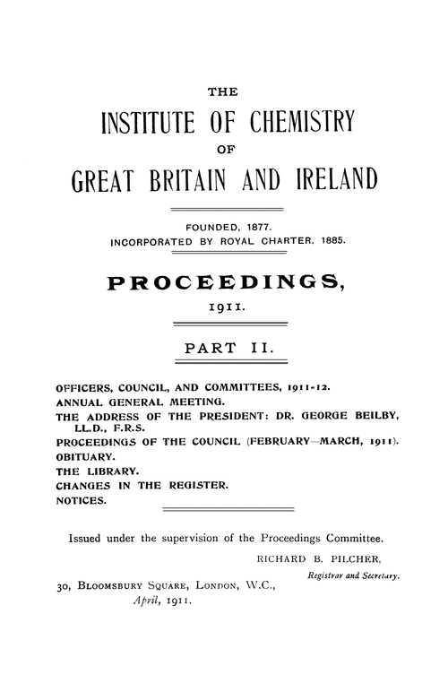 The Institute of Chemistry of Great Britain and Ireland. Proceedings, 1911. Part II