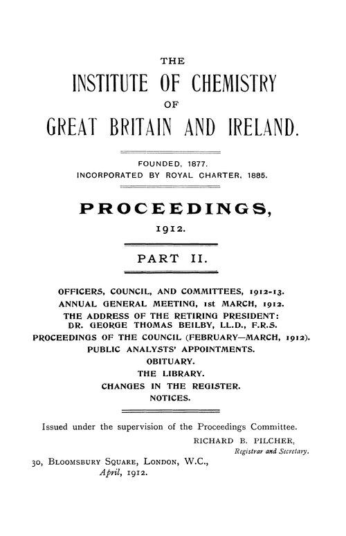 The Institute of Chemistry of Great Britain and Ireland. Proceedings, 1912. Part II