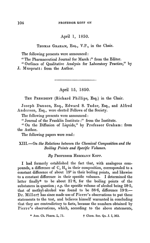 XIII.—On the relations between the chemical composition and the boiling points and specific volumes