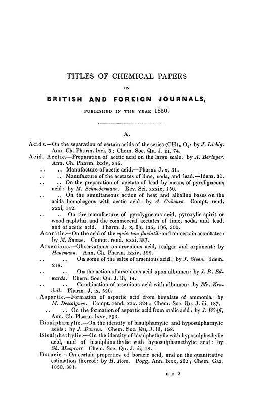 Titles of chemical papers in British and foreign journals, published in the year 1850