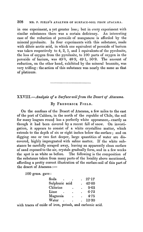 XXVIII.—Analysis of a surface-soil from the Desert of Atacama