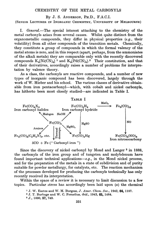 Chemistry of the metal carbonyls