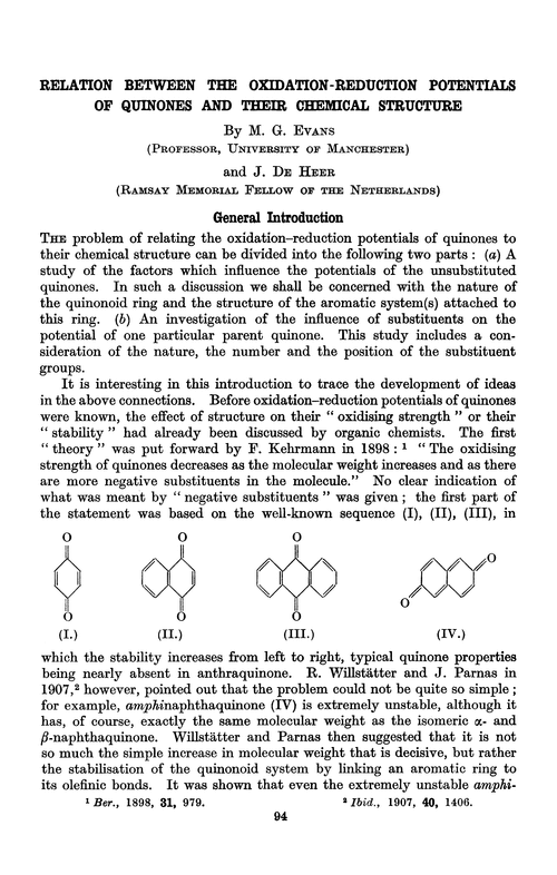 Relation between the oxidation-reduction potentials of quinones and their chemical structure