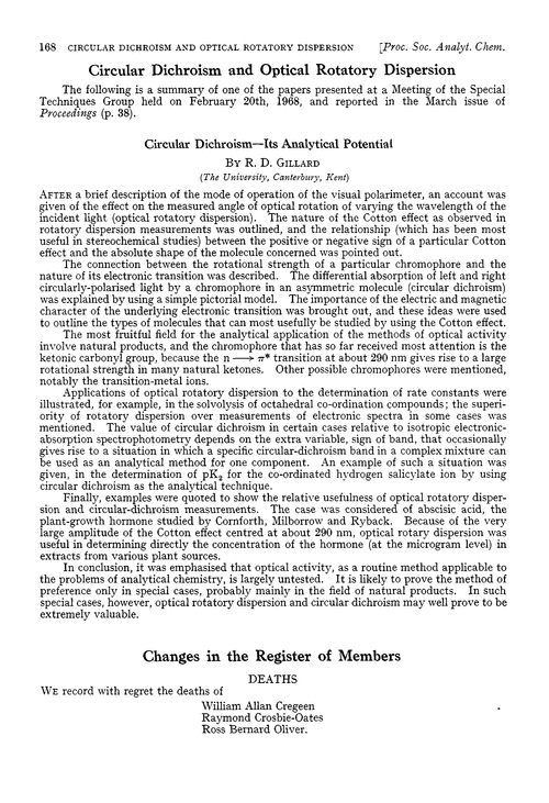 Circular dichroism and optical rotatory dispersion. Circular dichroism—its analytical potential