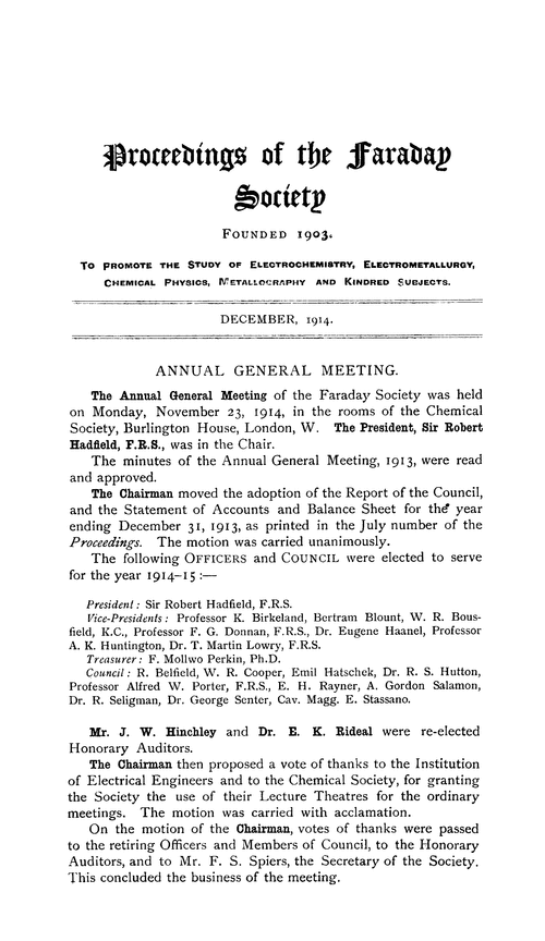 Proceedings of the Faraday Society. Annual General Meeting, 1914