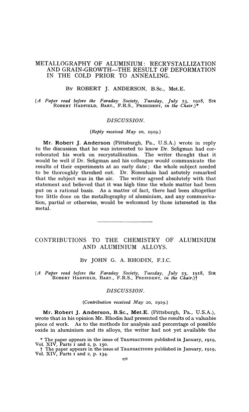 Contributions to the chemistry of aluminium and aluminium alloys. Discussion