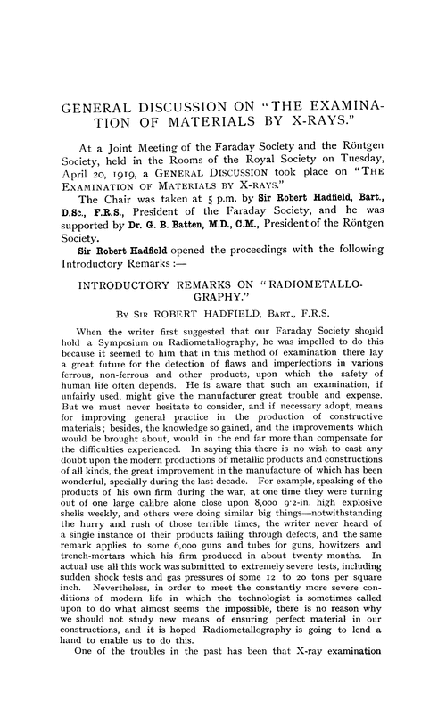 General discussion on “the examination of materials by X-rays”