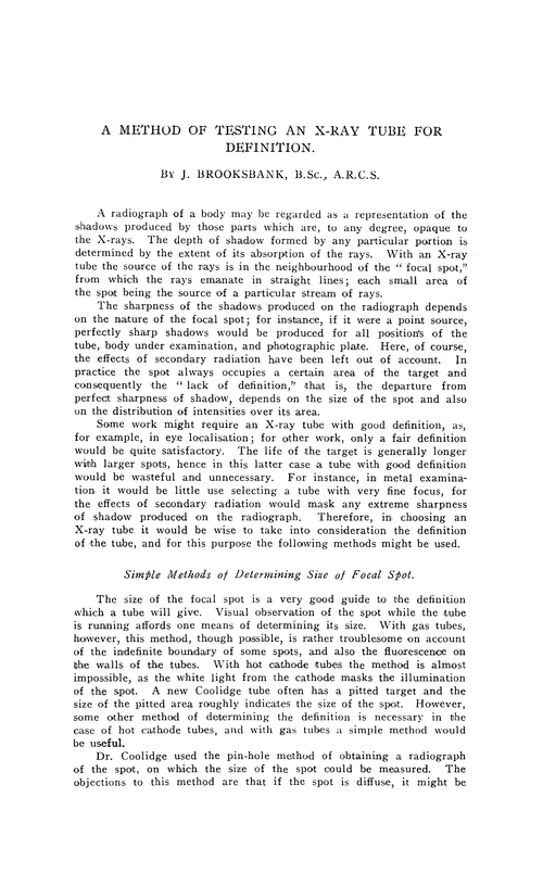 A method of testing an X-ray tube for definition