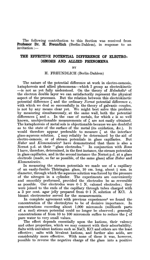 The effective potential difference of electro-osmosis and allied phenomena