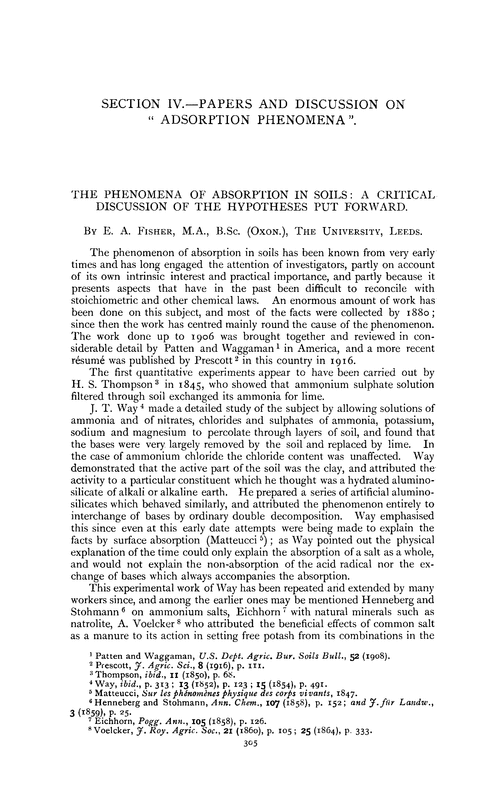 Section IV.—Papers and discussion on “adsorption phenomena”. The phenomena of absorption in soils: a critical discussion of the hypotheses put forward