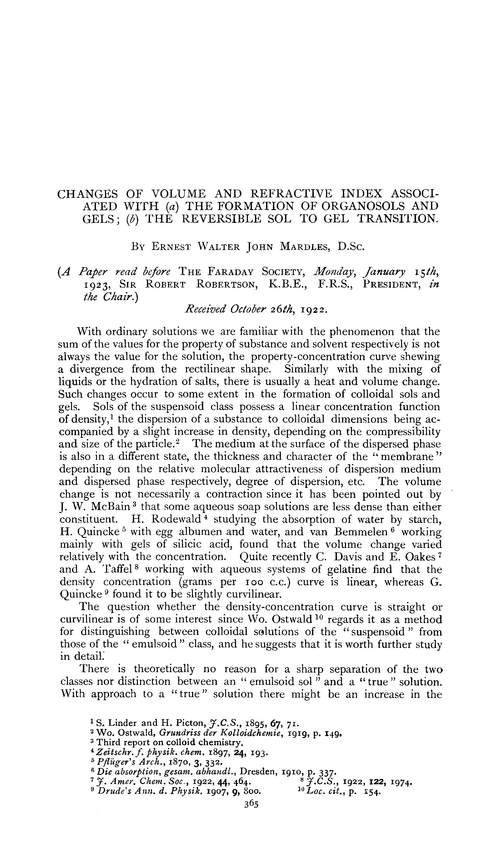 Changes of volume and refractive index associated with (a) the formation of organosols and gels; (b) the reversible sol to gel transition