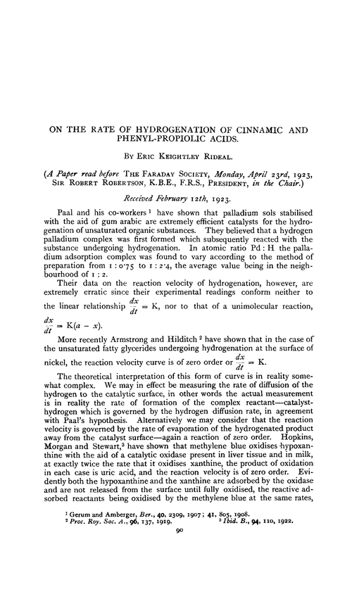 On the rate of hydrogenation of cinnamic and phenyl-propiolic acids